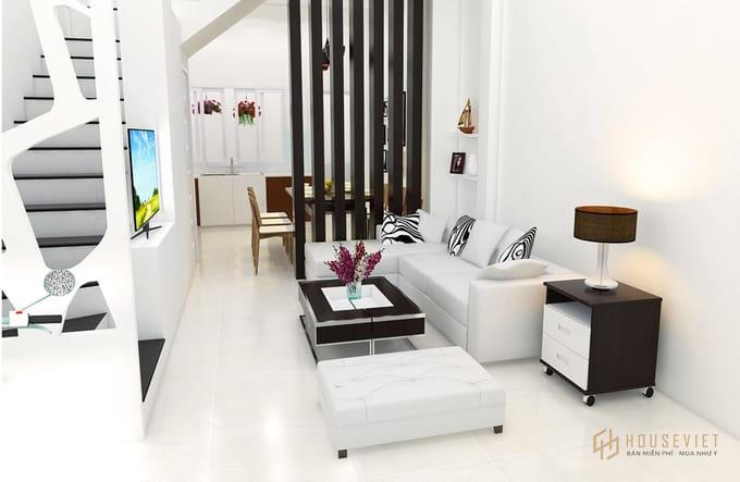Thiết kế phòng khách sử dụng gam màu trắng sang trọng