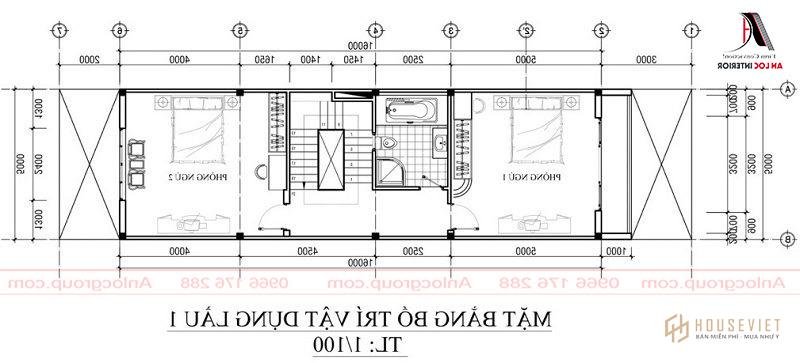 Bản vẽ mặt bằng tầng 2 nhà phố 3 tầng 5x21m