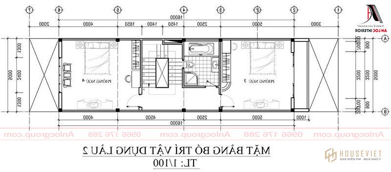 Mặt bằng tầng 3 với cách phân chia khoảng cách và đặt các vật dụng cần thiết.