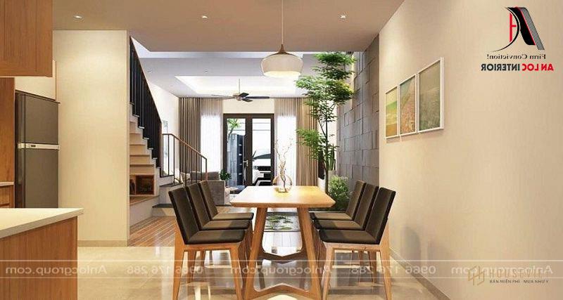 Khu vực phòng ăn đơn giản, nội thất hài hòa với phòng khách tạo không gian logic và kín đáo.