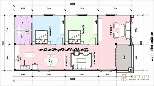 Mẫu nhà trệt mái thái 2 phòng ngủ rộng