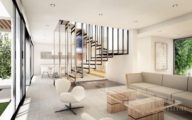 Mẫu trang trí nội thất phòng khách cạnh cầu thang