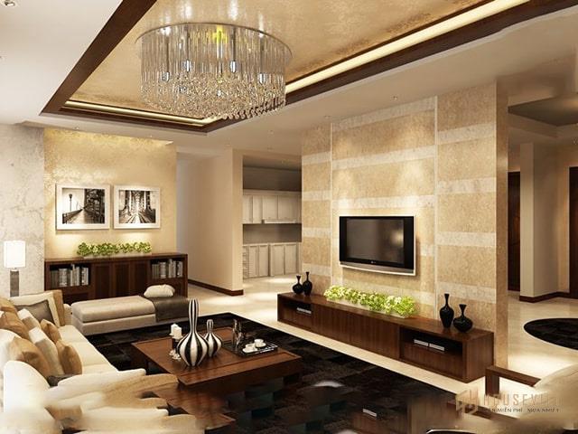 Thiết kế phòng khách cao cấp với bàn ghế gỗ