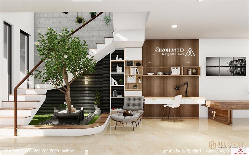 Khu vực tầng 1 mang đến không khí mát mẻ nhờ sự xuất hiện của không gian xanh