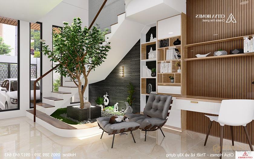 Khu vực làm việc được bố trí ở tầng 1 để tiết kiệm diện tích và mở rộng diện tích sinh hoạt.