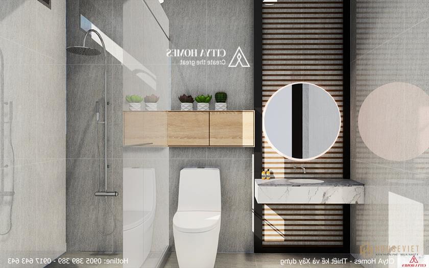 Phòng tắm lớn với tông màu trắng xám