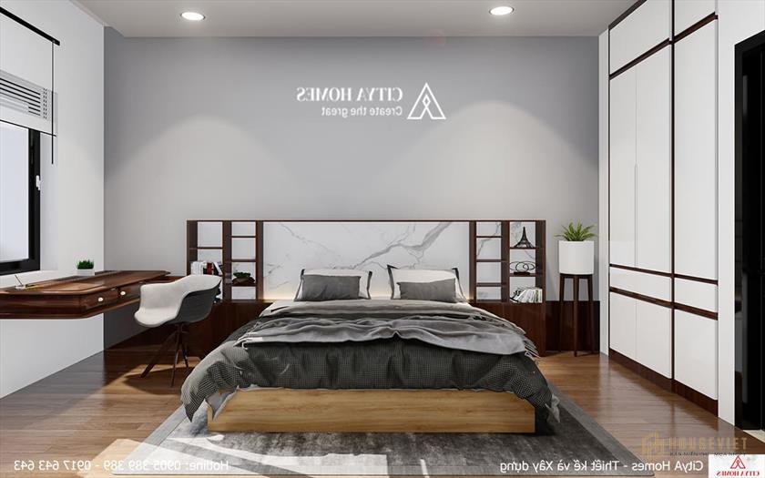 Phòng ngủ chính mang màu sắc cổ kính và hiện đại