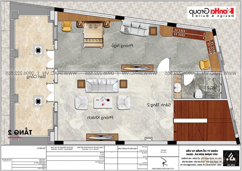 Mặt bằng công năng tầng 2 mẫu nhà phố tân cổ điển tiện nghi tại Hà Nội 