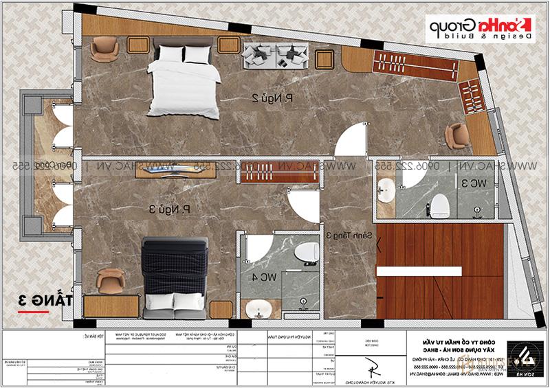 Mặt bằng công năng tầng 3 nhà phố tân cổ điển mặt tiền rộng 