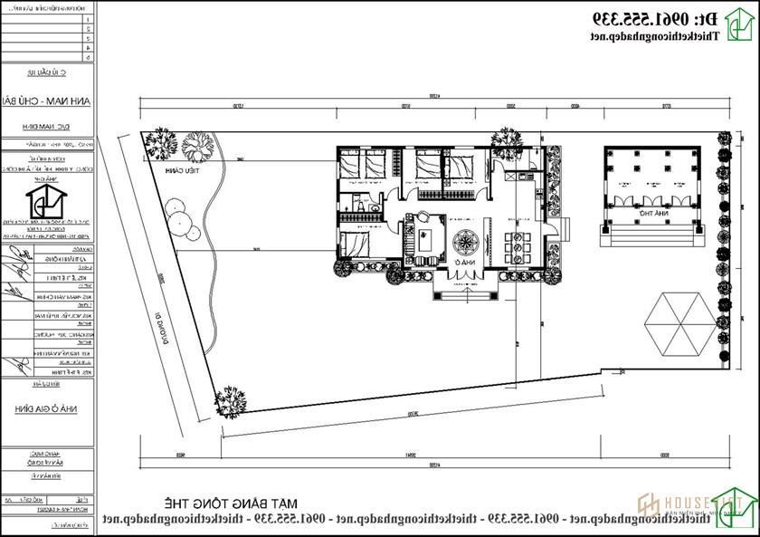 Mặt bằng tổng thể khuôn viên đất của mẫu nhà thờ kết hợp nhà ở 1 tầng NDNTH23