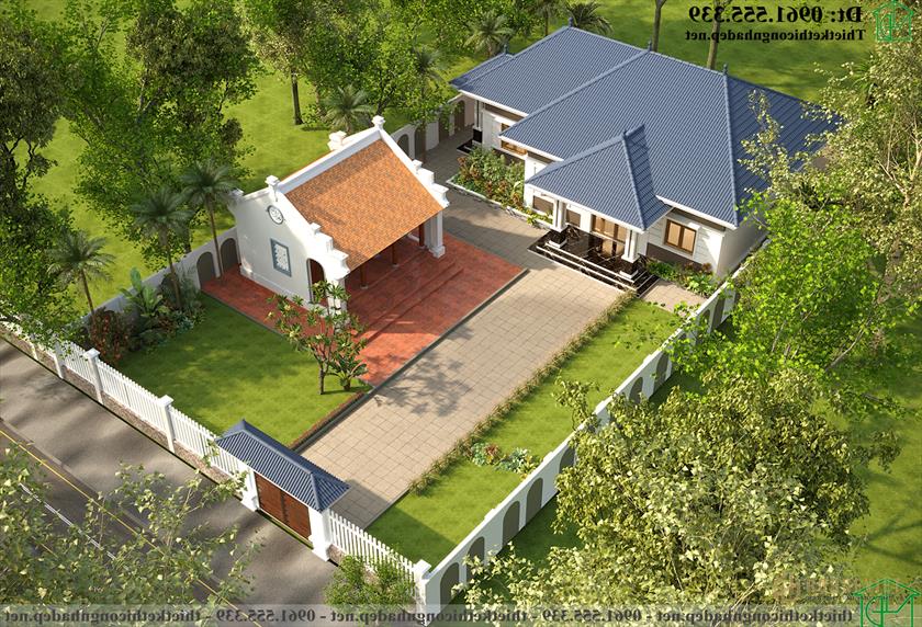 Phương án 2 phối cảnh tổng thể nhà thờ kết hợp nhà ở 1 tầng mái nhật đẹp NDNTH23