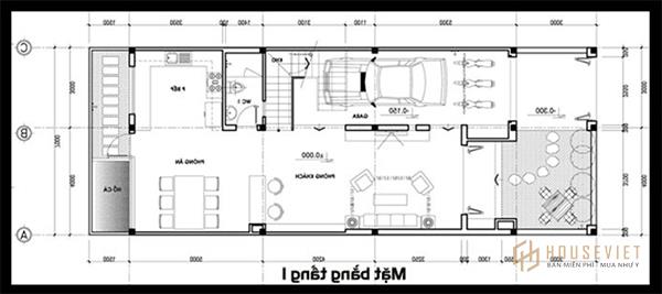 Bản vẽ nhà mặt tiền 7m diện tích tầng 1 khoa học và hiện đại.