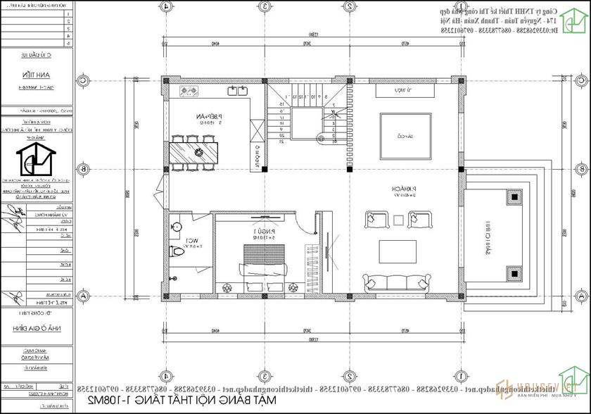 Mặt bằng tầng 1 biệt thự mái thái đẹp kiểu Nhật NDBT2T99