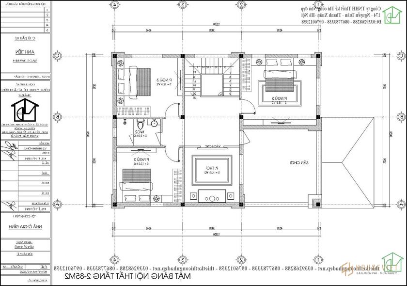 Mặt bằng tầng 2 biệt thự mái thái đẹp kiểu Nhật NDBT2T99