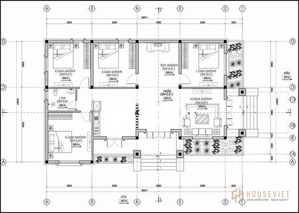 Bản vẽ mặt bằng nhà cấp 4 4 phòng ngủ