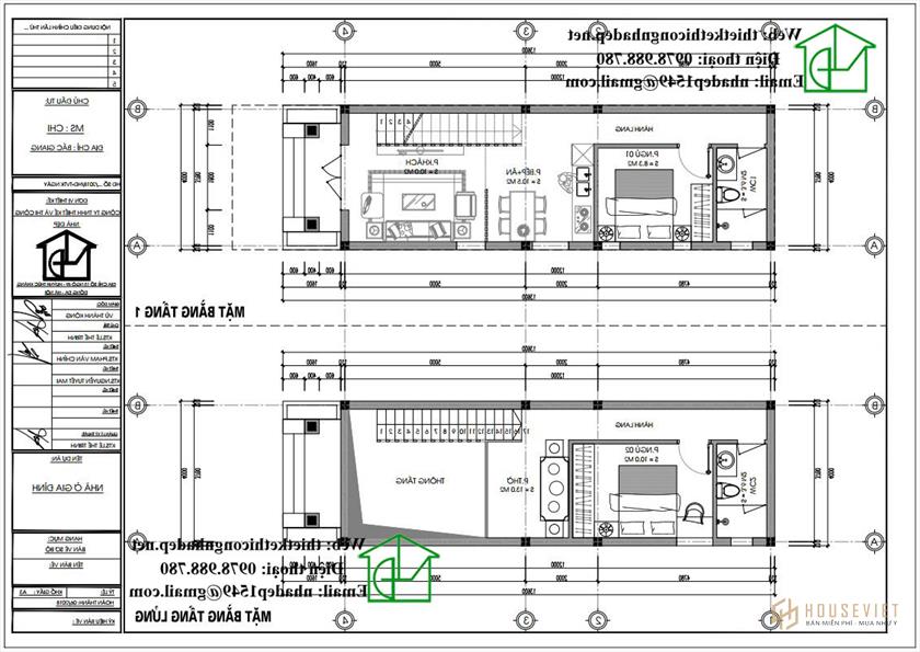 Mặt bằng nội thất nhà phố 2 tầng 4x13 NDMN2T9