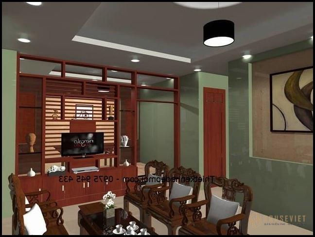 Bản vẽ phối cảnh nội thất nhà cấp 4 mái thái ở nông thôn với gỗ Mộc hợp phong thủy