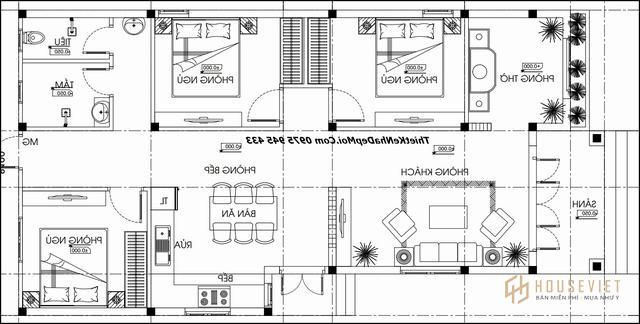 Bản vẽ nhà mái lệch hình chữ L 3 phòng ngủ