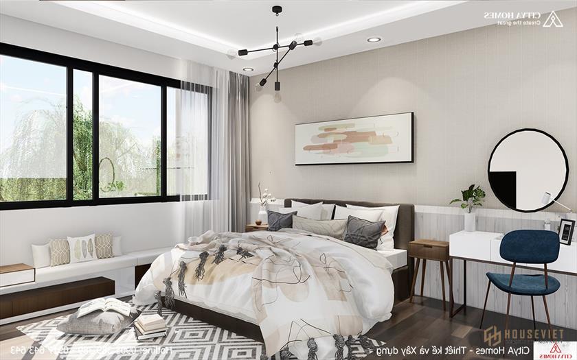 Phòng ngủ sử dụng màu sắc mát mẻ sang trọng