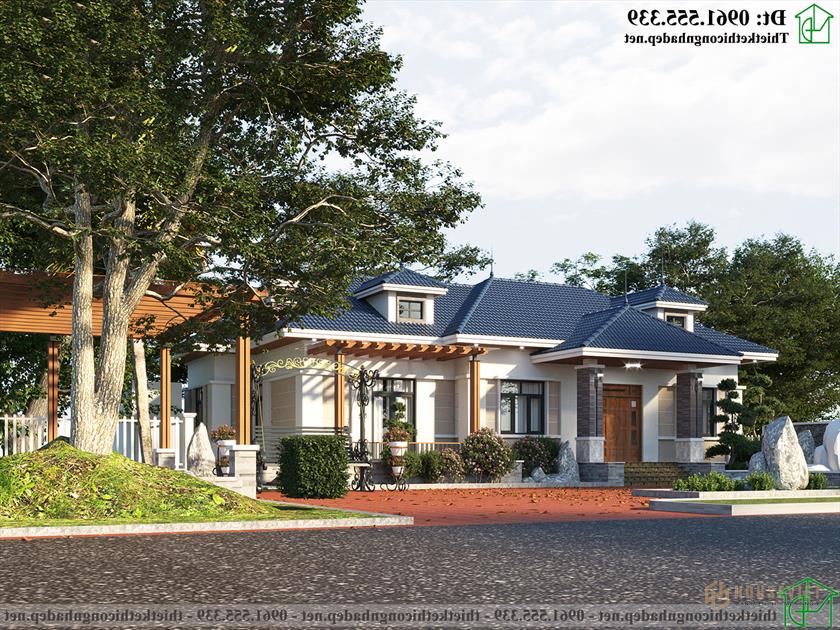Mẫu thiết kế biệt thự 1 tầng mái thái đẹp kiểu Nhật NDBT1T121