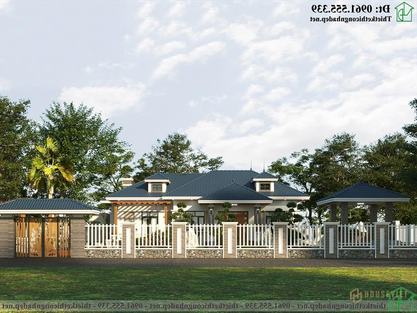 Mẫu biệt thự 1 tầng 4 phòng ngủ mái thái đẹp NDBT1T121