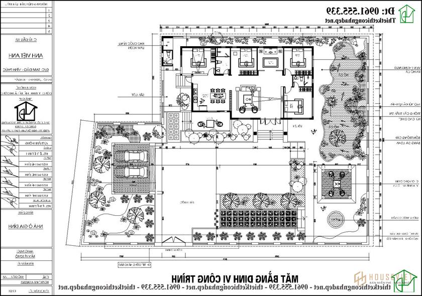 Mặt bằng tổng thể biệt thự 1 tầng mái thái 4 phòng ngủ 1 phòng thờ 18x13m NDBT1T121