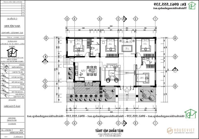 Mặt bằng bố trí nội thất biệt thự 1 tầng mái thái 4 phòng ngủ 1 phòng thờ 18x13m NDBT1T121