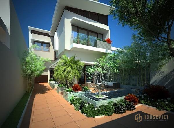 Mẫu nhà 2 tầng hình chữ L mặt tiền 7m.  rộng