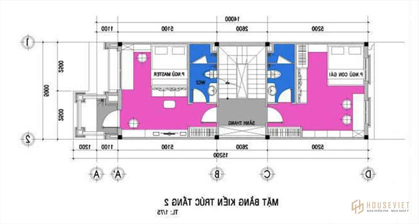 Phương án thiết kế mặt bằng tầng 2 nhà ống.