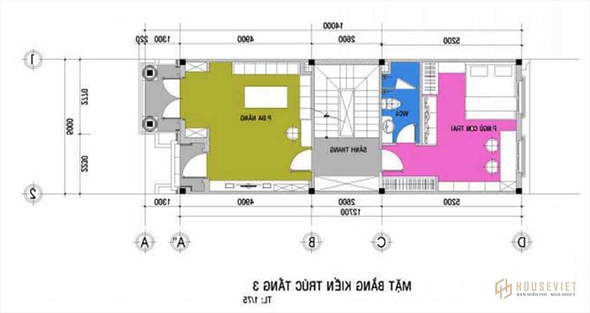 Bản vẽ mặt bằng tầng 3 nhà ống.