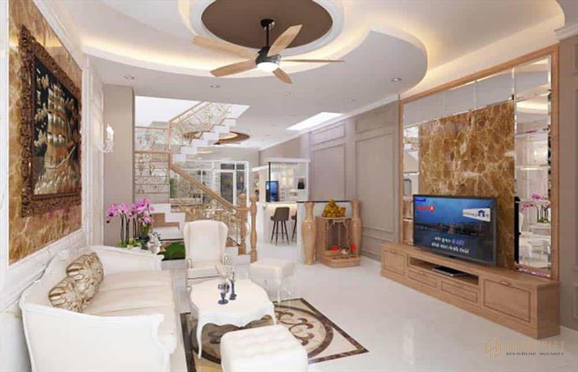 Phòng khách của mẫu thiết kế nhà ống có tầng hầm.