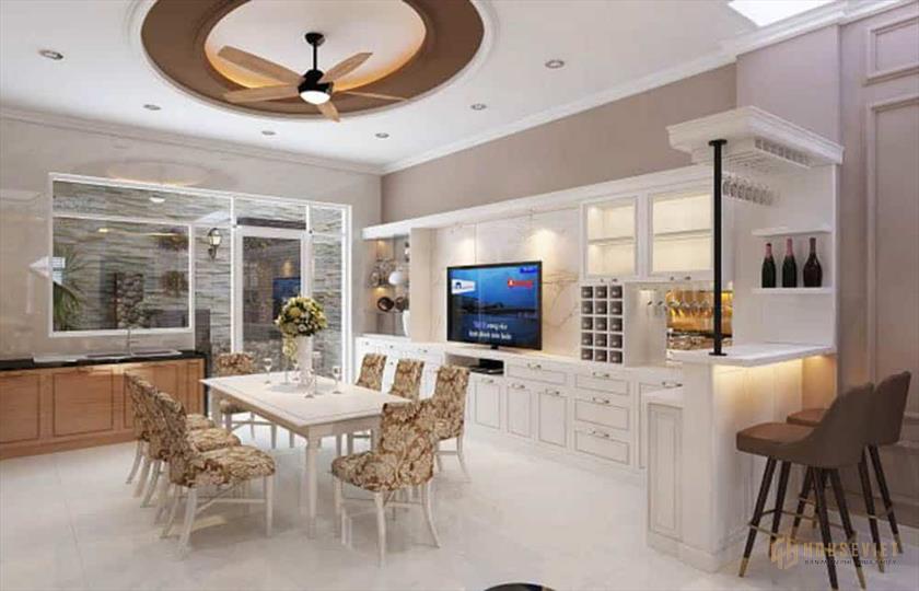 Bàn ăn và tủ bếp của thiết kế nhà ống