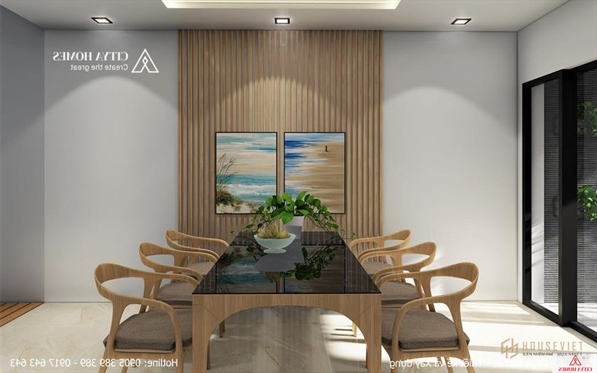 Nội thất phòng bếp được thiết kế sáng tạo với những thanh gỗ mang hơi hướng hiện đại.