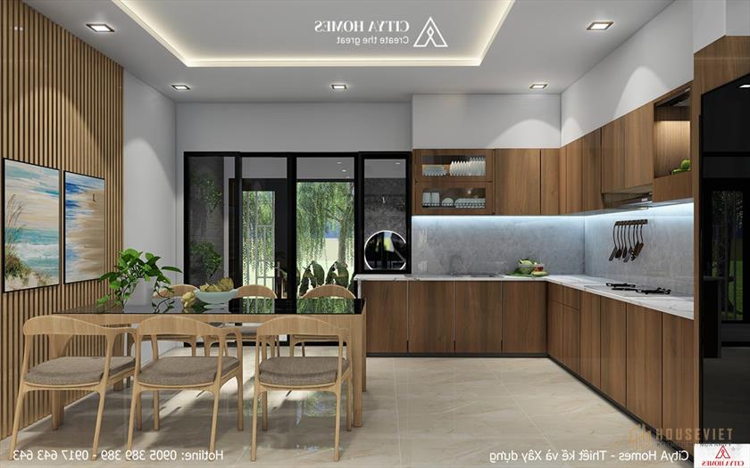 Nhà bếp lớn với đồ nội thất bằng gỗ sáng màu