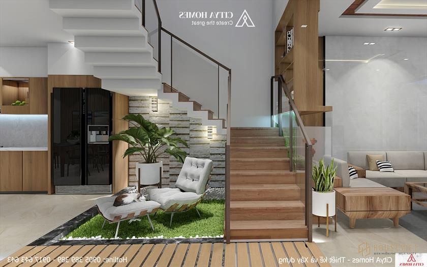 Cầu thang gỗ kết hợp với tay vịn gỗ và kính cường lực