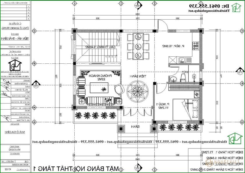 Mặt bằng tầng 1 mẫu thiết kế biệt thự 2 tầng mái thái 10x8m đẹp NDBT2T122