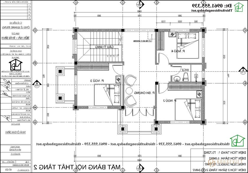 Mặt bằng tầng 2 mẫu thiết kế biệt thự 2 tầng 10x8m mái thái đẹp NDBT2T122