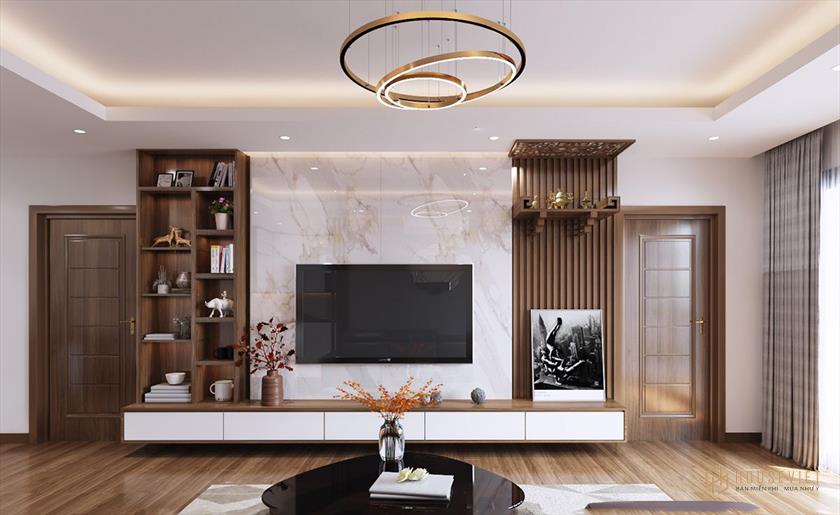thiết kế phòng khách kết hợp bàn thờ