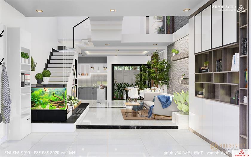 Thiết kế phòng khách thông với bếp