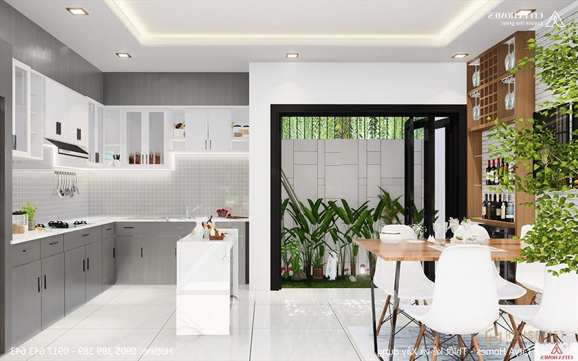 Không gian bếp kết hợp cây xanh