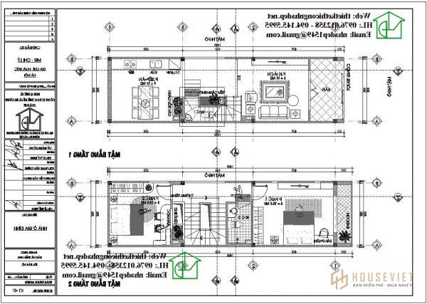 Mặt bằng tầng 1 và tầng 2 nhà phố 4 tầng NDNP4T9