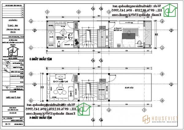 Mặt bằng tầng 3 và tầng 4 nhà phố 4 tầng NDNP4T9