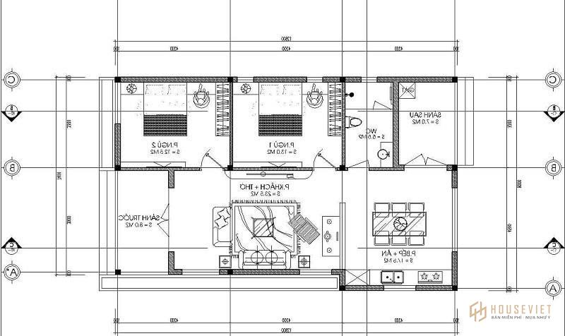 nhà cấp 4 đơn giản 2 phòng ngủ