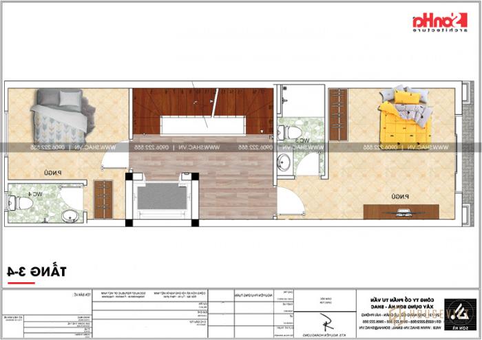 Chi tiết mặt bằng công năng nhà ống tân cổ điển tầng 3 và 4 diện tích 58,29m2 (4,45m x 13,1m) tại Hải Phòng 