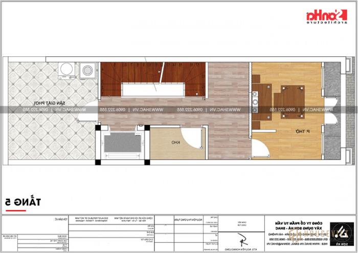 Chi tiết mặt bằng công năng tầng 5 nhà ống tân cổ điển diện tích 58,29m2 (4,45mx 13,1m) tại Hải Phòng