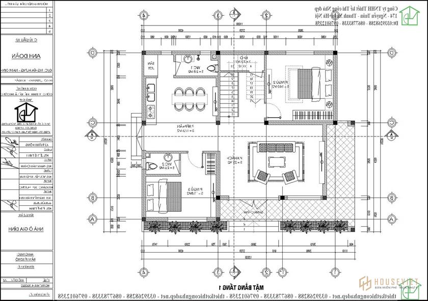 Mặt bằng nội thất tầng 1 mẫu nhà 2 tầng mái bằng NDBT2T101