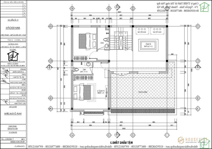 Mặt bằng nội thất tầng 2 mẫu nhà 2 tầng mái bằng NDBT2T101