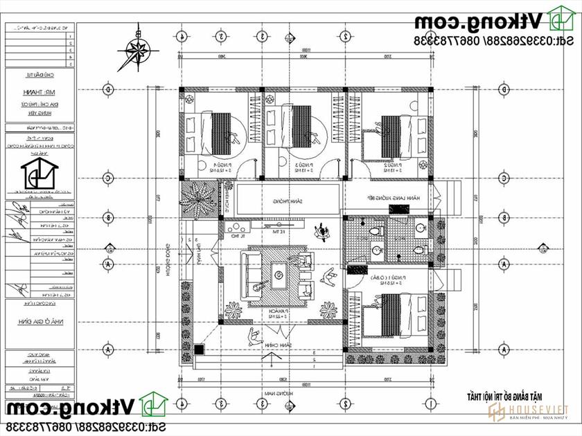 Bản vẽ chi tiết nội thất nhà 1 tầng mái thái.