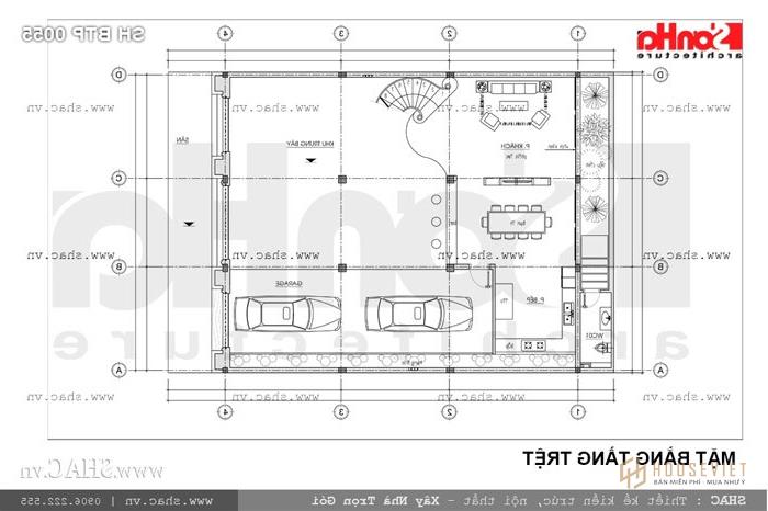 Bản vẽ mặt bằng tầng trệt biệt thự sh btp 0055