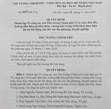 Lập Tổ công tác của Thủ tướng Chính phủ tháo gỡ khó khăn, vướng mắc trong triển khai dự án bất động sản